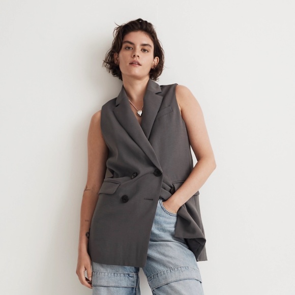 New MADEWELL Double-Breasted Oversized Vest Top Easygoing Crepe Thunder Clou - Picture 2 of 7
